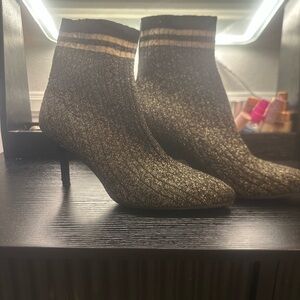 Stuart Weitzman Metallic Gold Knit Sock Booties with Striped Cuff